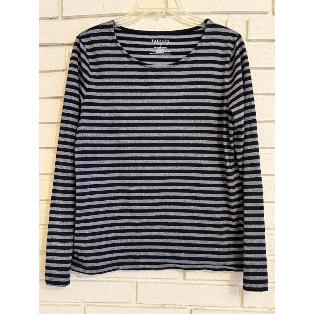 Talbots Black & Silver Metallic Striped Long Sleeve‎ Knit Top Size Medium